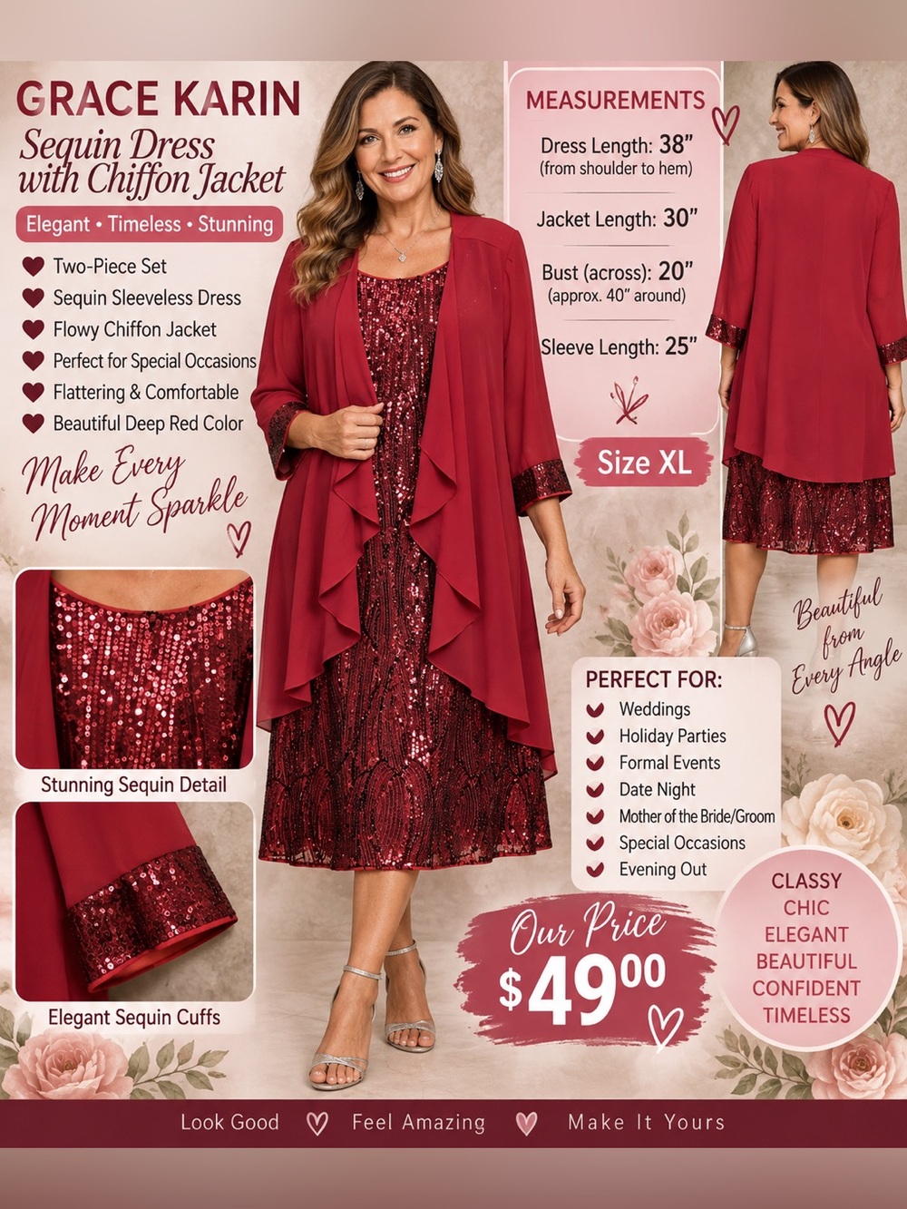 Grace Karin Red Sequin Midi Dress with Draped Jacket